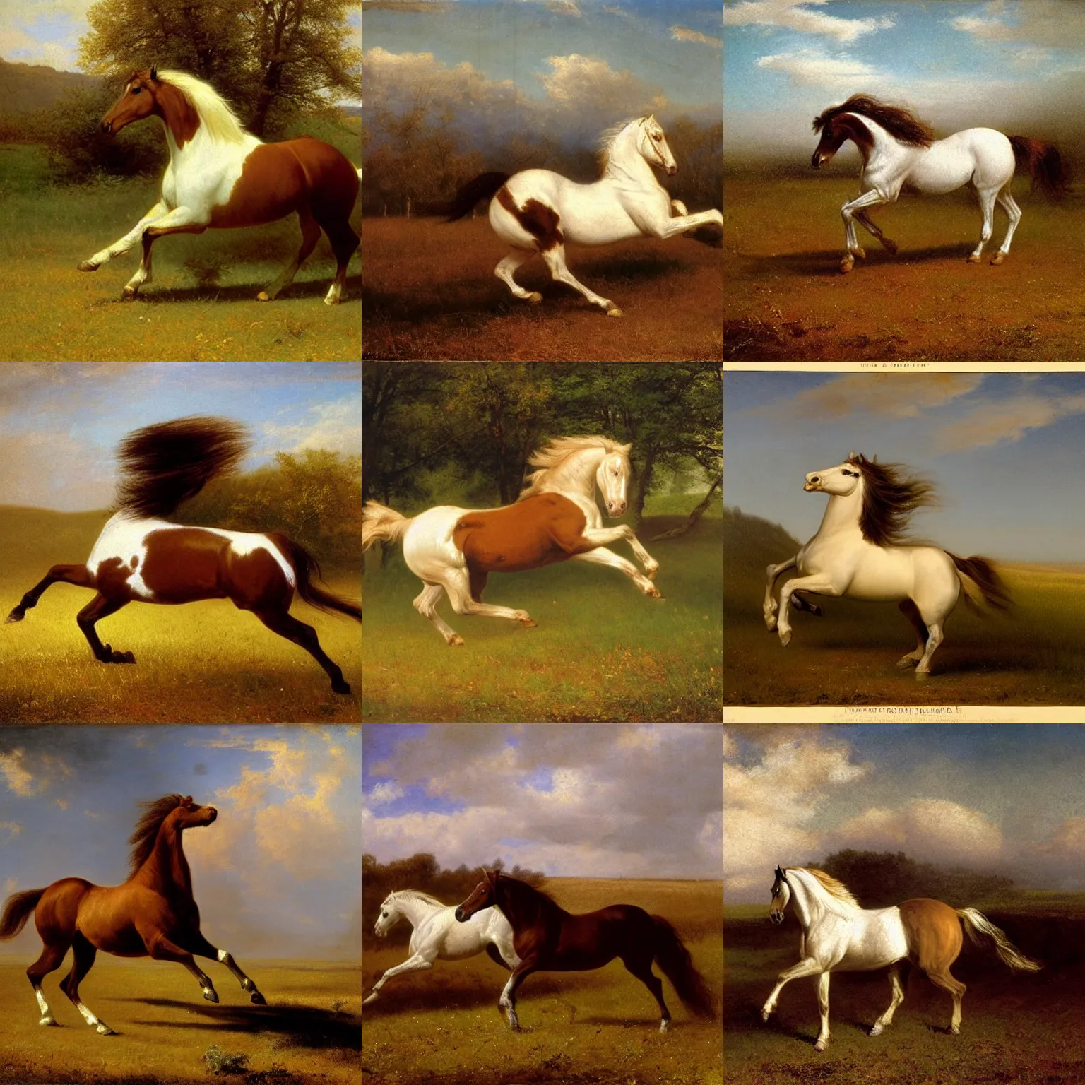 Prompt: a brown and white horse, white mane and tail, galloping through a field, painted by Bierstadt.