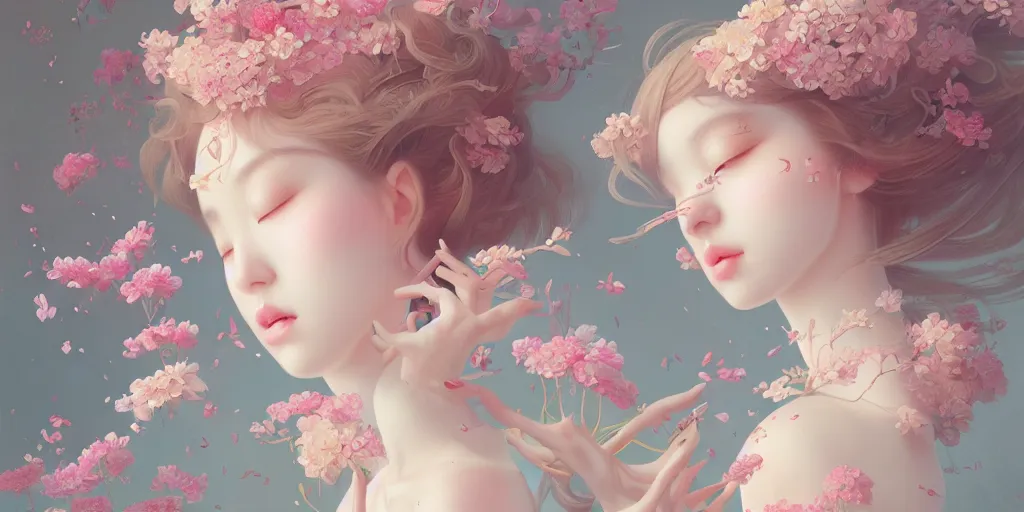 Image similar to breathtaking delicate detailed concept art illustration with flowers and girls, by hsiao - ron cheng, bizarre compositions, exquisite detail, pastel colors, ornate background, 8 k