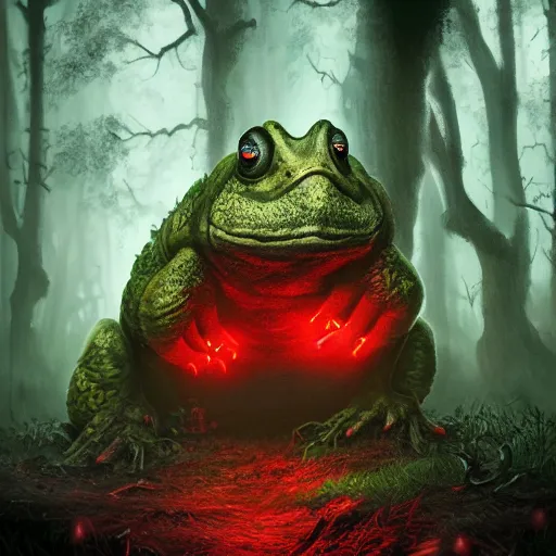 Prompt: giant evil monsterous toad in the dark forest, glowing red eyes, toads, foggy, atmospheric, highly detailed, hyperrealistic, gothic horror, trending on artstation, digital art, dark fantasy