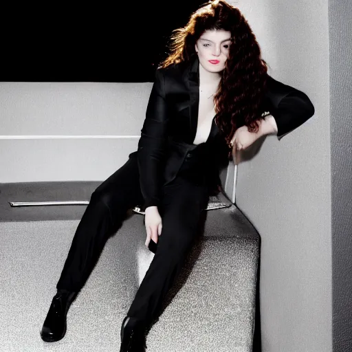 Image similar to lorde photoshoot for rolling stone magazine, glitter eye makeup, black suit jacket, white bodysuit, black dress pants, black platform heels, highly detailed with sunset backdrop and vintage props. 4 k, photo realistic,