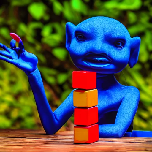 Image similar to cinematic photo of a beautiful dark blue skinned axolotl woman lit with saturated split colour yellow and red lighting playing giant jenga on the lawn