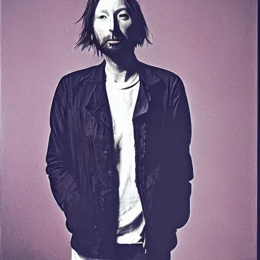 Prompt: Yorke Radiohead thom, with a beard and a black jacket, a portrait by John E. Berninger, dribble, neo-expressionism, uhd image, studio portrait, 1990s