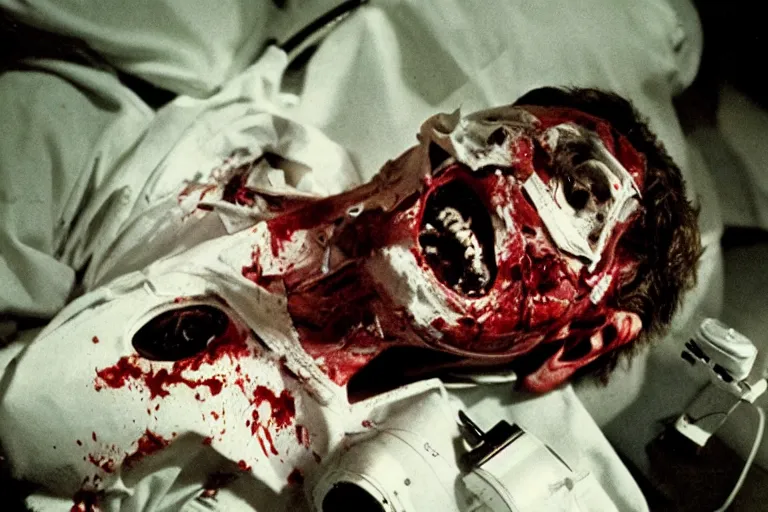 Image similar to filmic wide shot dutch angle movie still 35mm film color photograph of a doctor with his face completely torn off, eyeballs hanging out of his skull, drenched in blood lying on his back on a science lab floor in the style of a 1982 horror film