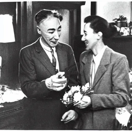 Image similar to photo of robert oppenheimer selling flowers