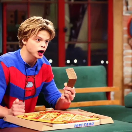 Prompt: jace norman as henry hart from henry danger trying to order pizza