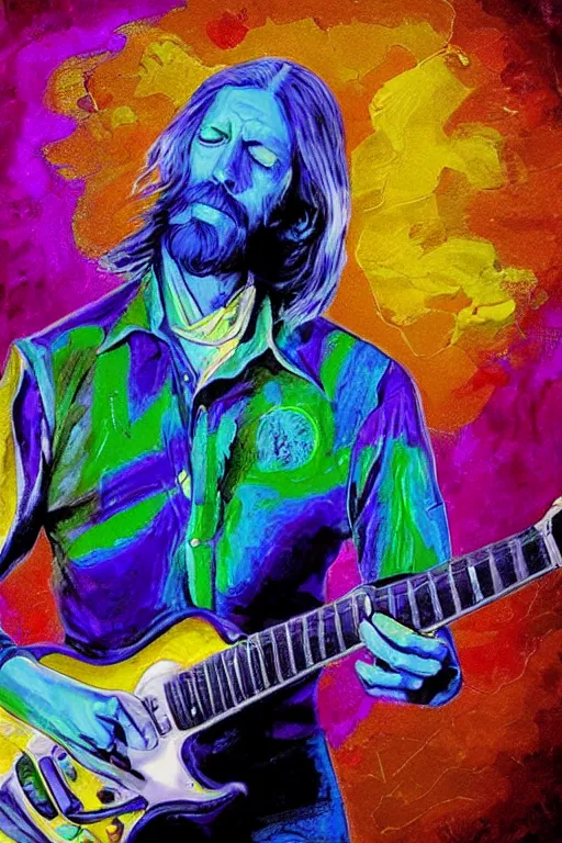 Image similar to a professional painting of Duane Allman, in brightly colored psychedelic shirt, playing a guitar, long hair, beautiful bone structure, symmetrical facial features, intricate, elegant, digital painting, concept art, smooth, sharp focus, illustration, from StarCraft by Ruan Jia and Mandy Jurgens and Artgerm and William-Adolphe Bouguerea, epic, stunning, gorgeous, intricate detail, much wow, ultra realistic, photorealism, 4K, masterpiece, trending on artstation