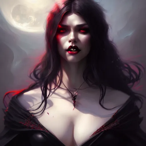 Image similar to desirable Vampire woman, fantasy, intricate, elegant, highly detailed, digital painting, artstation, concept art, matte, sharp focus, illustration, art by artgerm and Greg Rutkowski, dreadjim, zeen chin