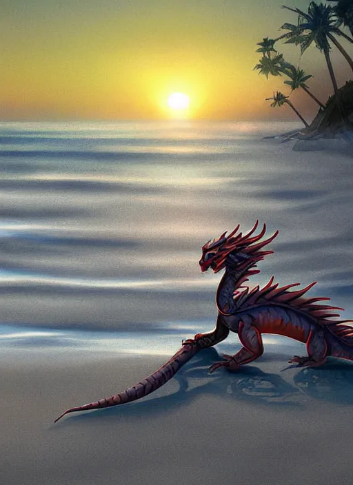 Image similar to a humanoid dragon sitting on the beach, sunrise. digital art