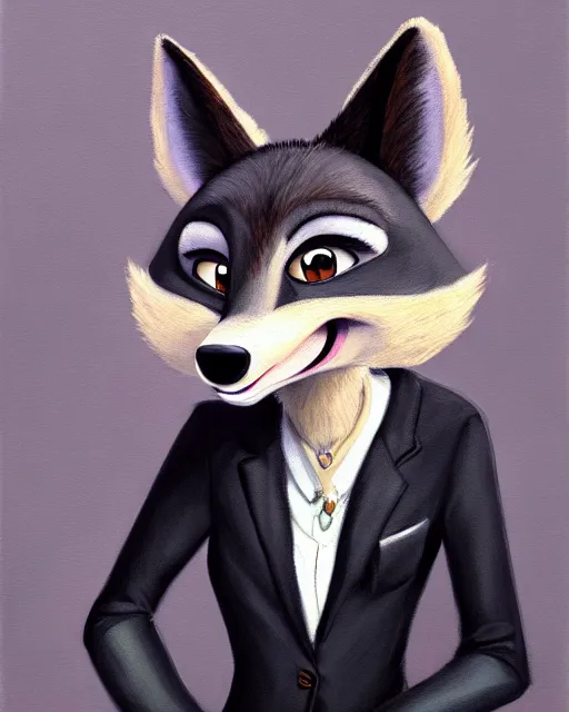 Image similar to oil painting of anthromorphic female wolf, in style of zootopia, female fursona, furry, furaffinity, 4 k, deviantart, furry art, fursona art, wearing black business suit, business suit, wolf fursona, female, very expressive detailed feminine face,