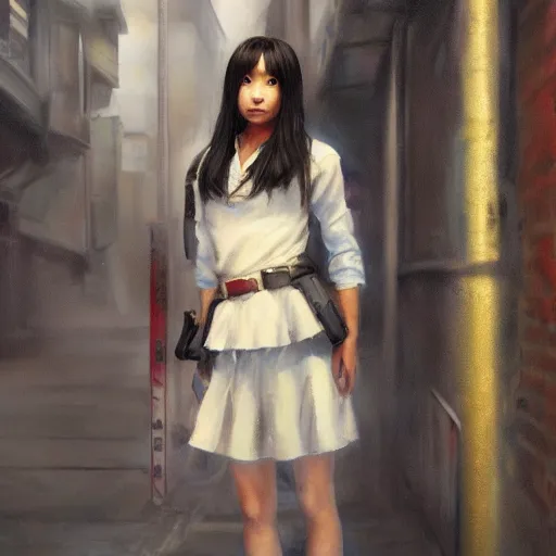 Image similar to a perfect, realistic professional oil painting of a Japanese schoolgirl posing in a dystopian alleyway, style of Marvel, full length, by a professional American senior artist on ArtStation, a high-quality hollywood-style concept