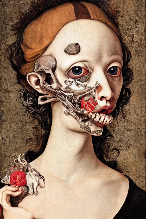 Image similar to Detailed maximalist portrait with large lips and with large, wide eyes, sad expression, HD mixed media, 3D collage, highly detailed and intricate, surreal, bone extra hands, illustration in the style of Caravaggio, dark art, baroque