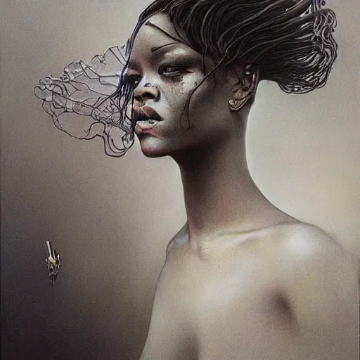 Image similar to rihanna by zdzisław beksinski, iris van herpen, raymond swanland and alphonse mucha. highly detailed, hyper - real, beautiful