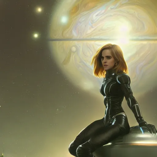 Image similar to a highly detailed matte portrait emma watson as samus aran standing in a space station and looking at jupiter, sci fi and fantasy, viewed in profile from far away, crackling black lightning, ultrawide lens, art by artgerm and greg rutkowski and alphonse mucha, volumetric lighting, octane render, 4 k resolution, trending on artstation, masterpiece