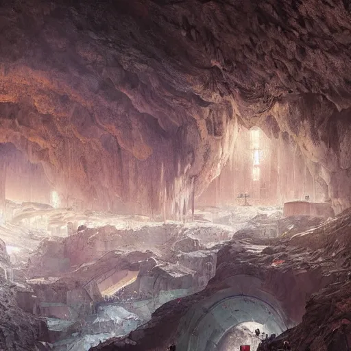 Prompt: panorama view of a complex crystal mine in an enormous underground cave system, painting, by greg rutkowski