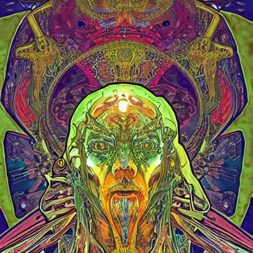 Image similar to deepdream eldritch cosmic intergalactic nightmare by greg rutowski scott fischer dzo alphonse mucha yoji shinkawa incredible horror art psychedelic trippy gorgeous beautiful terror art artstation hyperrealism sci - fi lifelike maximalist