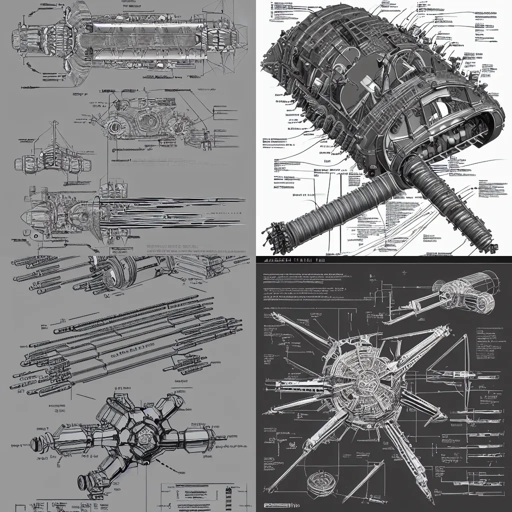 Prompt: aesthetically pleasant technical drawing of an open - source nuclear weapon machinery, hyperdetailed, complex, intricate, amazing, breathtaking, explosive, exploded view!!, 4 k, trending on artstation