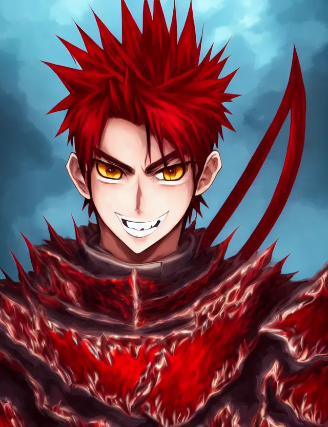 Image similar to a detailed manga portrait of an attractive tall boy with spiked crimson hair and a menacing smile in fiery crimson crystalline armour, trending on artstation, digital art, 4 k resolution, detailed, high quality, sharp focus, hq artwork, coherent, insane detail, character portrait