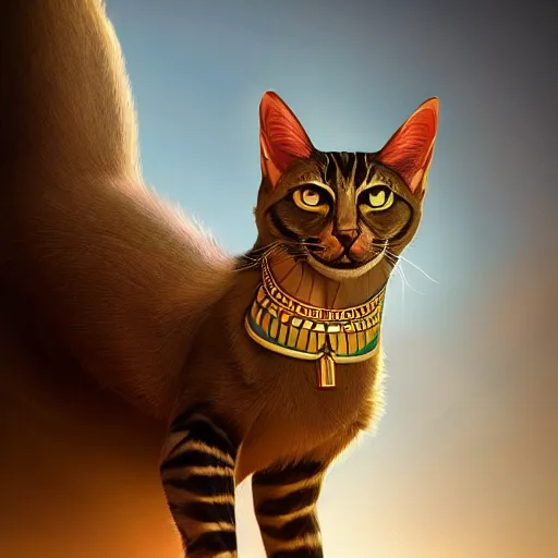 Image similar to egyptian cat, golden hour, fantasy, sharp focus, digital art, hyper realistic, 4 k, unreal engine, highly detailed, hd, dramatic lighting by brom, trending on artstation