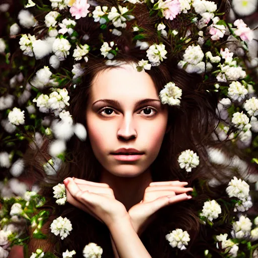 Prompt: photorealistic digital portrait of cute girl model, hair of flowers, 5 0 mm still image by annie leibovitz