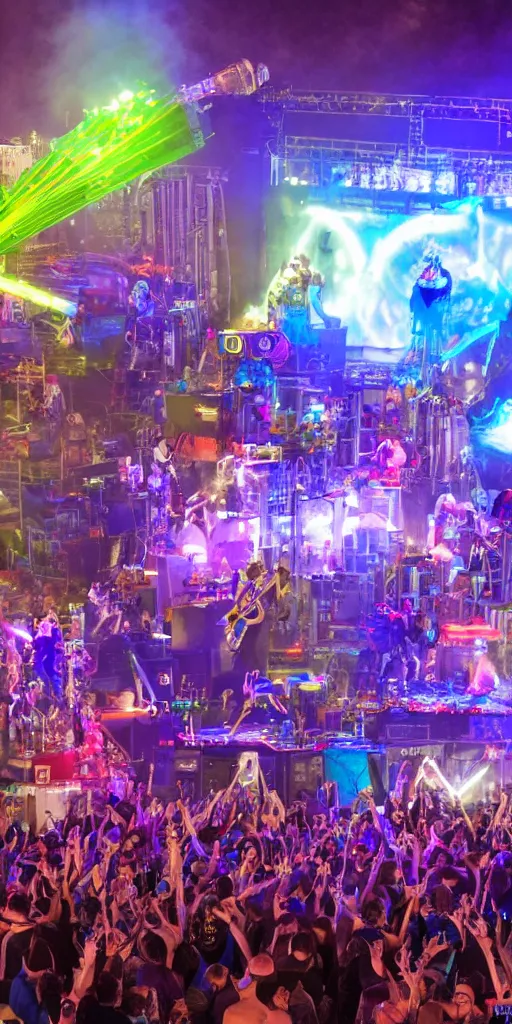 Image similar to a selfie of happy people at an outdoor festival stage with audience, on stage is a rockband with 3 steampunk robots with guitars and drums, center of the stage is a big steampunk generator, laser show, 8 k, fluorescent colors, halluzinogenic, multicolored, exaggerated detailed, unreal engine, 8 0 mm lens