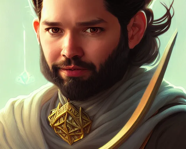 Image similar to a portrait of alexis ohanian as a wizard, deep focus, d & d, fantasy, intricate, elegant, highly detailed, digital painting, artstation, concept art, matte, sharp, illustration, hearthstone, art by artgerm and greg rutkowski and alphonse mucha