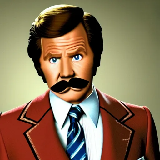 Image similar to a movie still of Alex Trebeck as Ron Burgundy in the movie Anchorman