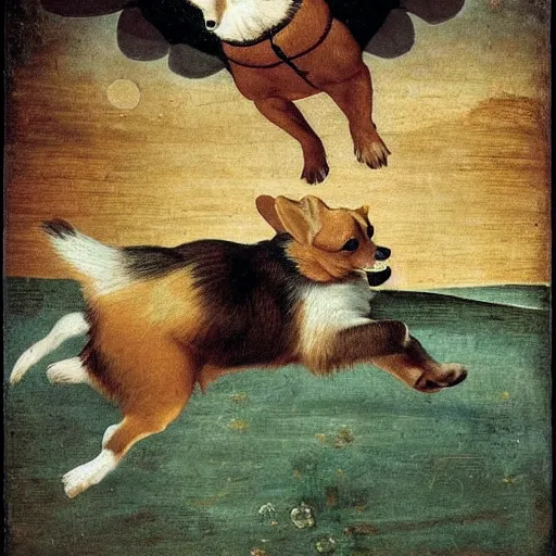 Image similar to happy corgi dog flying through cosmos, renaissance art style