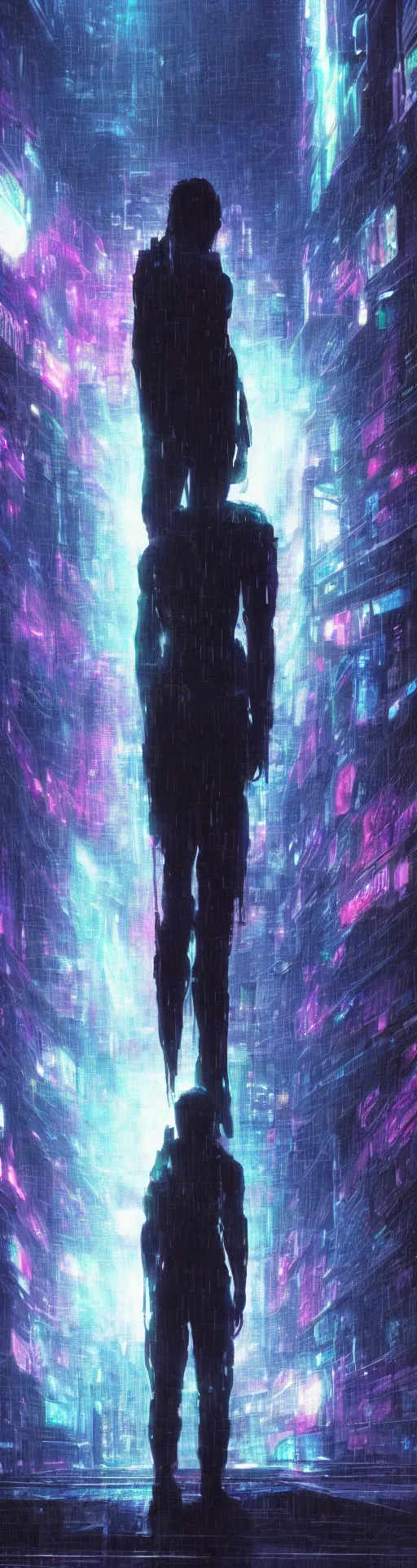 Prompt: one cyber godly person made of cosmic nebula galaxy energy watching a rainy colorful complex cyberpunk futuristic holographic city from behind at night through a window in a room, akira, reflections, 8 k, photorealistic, concept art, wet, highly detailed, cinematic mood by ridley scott, ghost in the shell, trending on artstation, glowing and epic