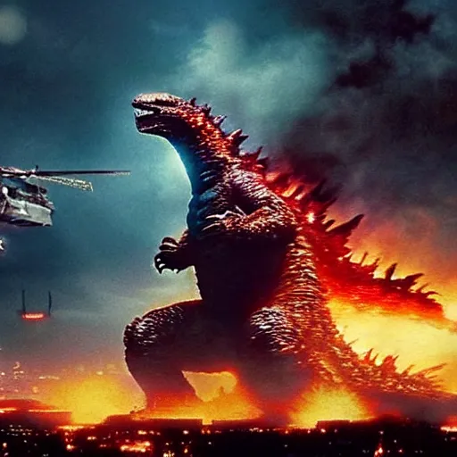 Image similar to photograph of Godzilla destroying a futuristic city, military helicopters in the sky, smoke and destruction, highly detailed, cinematic, photorealistic