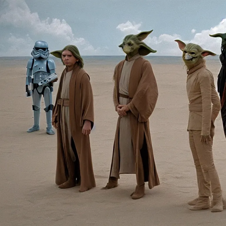 Image similar to film still from a star wars movie made by wes anderson, yoda and luke skywalker, in the style of wes anderson