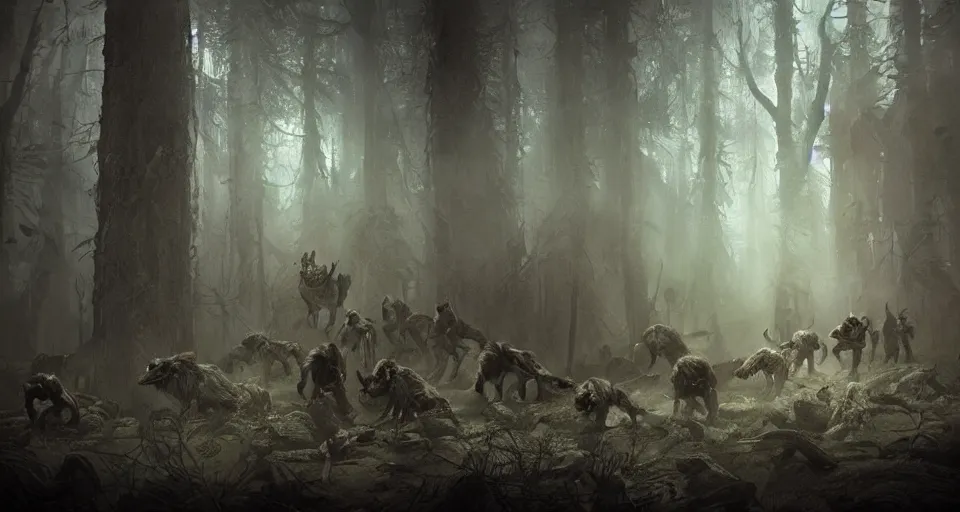 Prompt: an epic action concept masterpiece of a rabid wolfpack, in a forest made of nightmares, horrific digital art, extremely moody lighting, style of igor kieryluk