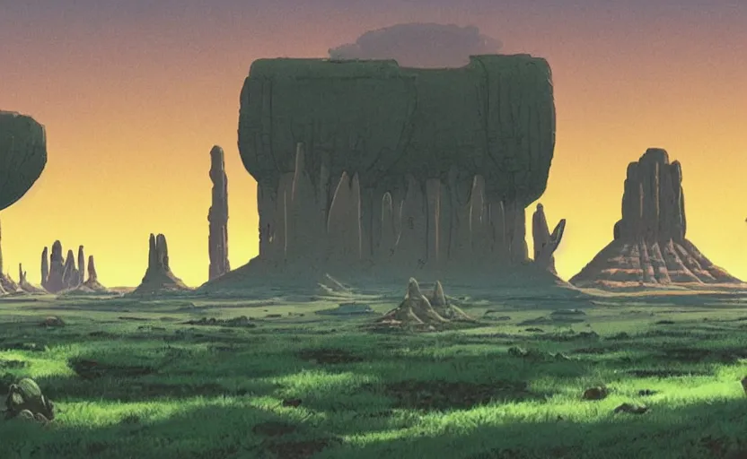 Image similar to a cell - shaded studio ghibli concept art from paprika ( 2 0 0 6 ) of a spaceship from close encounters of the third kind ( 1 9 7 7 ) sitting on top of a lush temple that looks like monument valley stonehenge jungle. a caravan is in the foreground. very dull colors, portal, hd, 4 k, hq