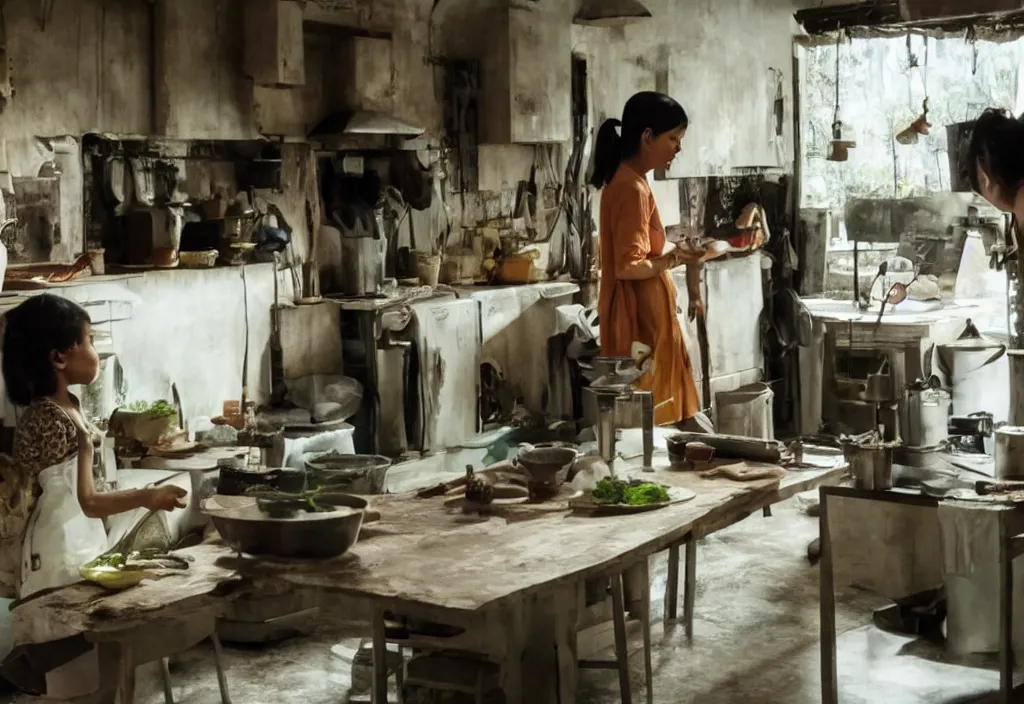 Image similar to movie still of a kitchen room, directed by joko anwar, 4 kuhd, award winning, highly detailed, cinematic