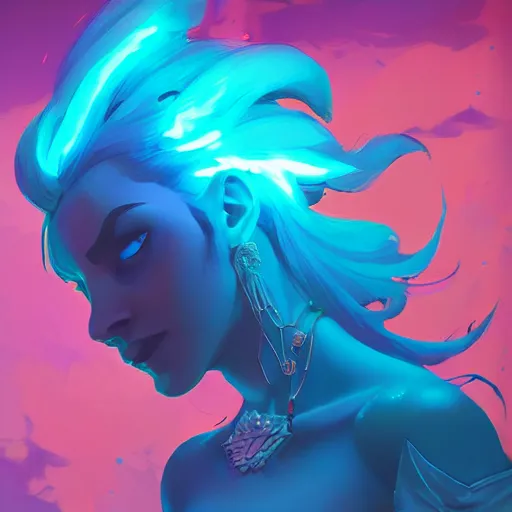 Prompt: beautiful woman with glowing blue hair, portrait, maya ali mage, gloomhaven, dynamic lighting, gaudy colors, octane render aesthetic, matte painting concept art, official fanart behance hd artstation by jesper ejsing, by rhads and makoto shinkai and lois van baarle and ilya kuvshinov and rossdraws