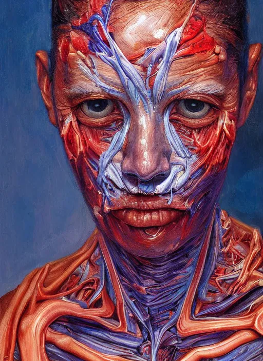 Prompt: highly detailed and textured painting of a deformed anatomical portrait, emotionally expressive, highly detailed oil painting, soft light 4 k, red, blue and purple colour palette, cinematic composition, cinematic lighting, sharp focus, masterpiece by ernie barnes and jenny saville