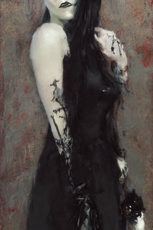 Prompt: Richard Schmid and Jeremy Lipking and Antonio Rotta full length portrait painting of a young beautiful goth punk rock vampire priestess Elvira Mistress of the Dark woman