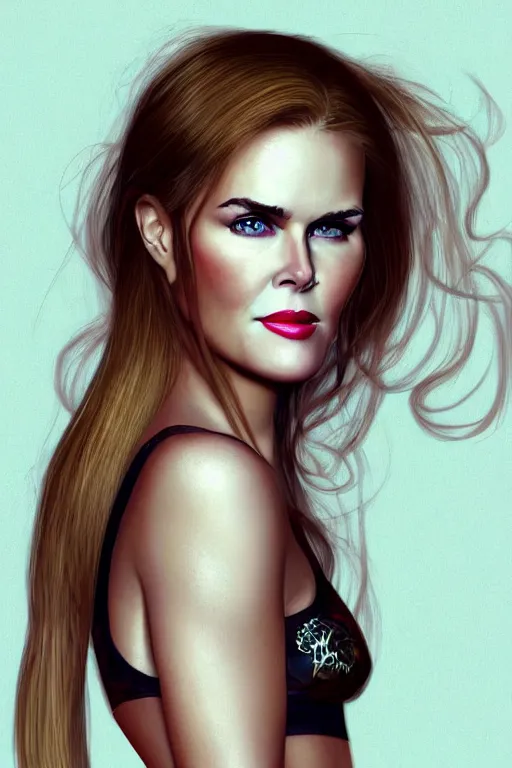 Image similar to mix of beautiful young maria shriver, mariel hemmingway, brooke shields, nicole kidman and elle macpherson as a snake girl with fangs, thin lips, hair tied up in a pony tail, dark blonde hair, colorful, artstation, cgsociety