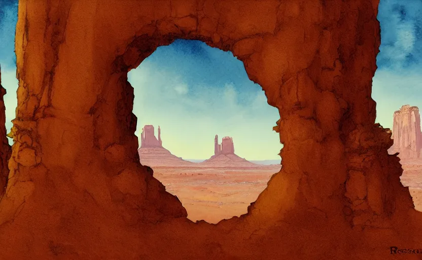 Image similar to a hyperrealist watercolor concept art of a medieval monk in grey robes in monument valley on an alien world looking through a small rock arch at a castle. golden hour. very muted colors, by rebecca guay, michael kaluta, charles vess. high detail, hq, wide shot, 4 k