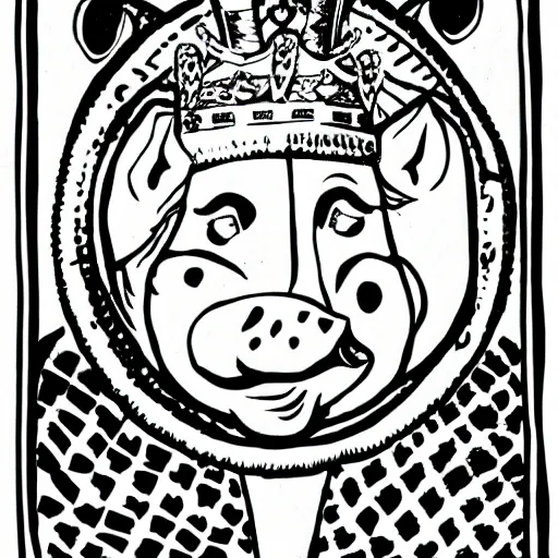 Prompt: black and white illustration of a pig wearing a gold crown in the style of oliver hibert