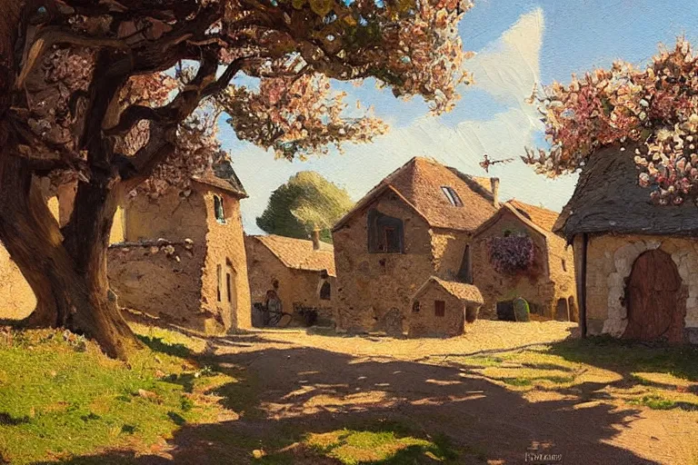 Image similar to a beautiful landscape of a tiny futuristic village in the french countryside during spring season, painting by lorenzo lanfranconi hd, nice spring afternoon lighting, smooth tiny details, soft and clear shadows, low contrast, perfect