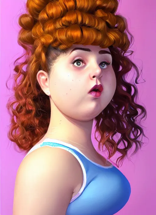 Image similar to full body portrait of teenage betty cooper, obese, bangs, ponytail, sultry, realistic, sultry smirk, ponytail hairstyle, fluffy bangs, curly bangs, skirt, fat, belly, intricate, elegant, highly detailed, digital painting, artstation, concept art, smooth, sharp focus, illustration, art by wlop, mars ravelo and greg rutkowski