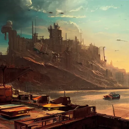 Image similar to a Stunning 3d painting of A Great atompunk city on the sea by Annibale Siconolfi and greg rutkowski,epic lighting,beautiful sky,Retro colour,hyper detailed,8K Resolution