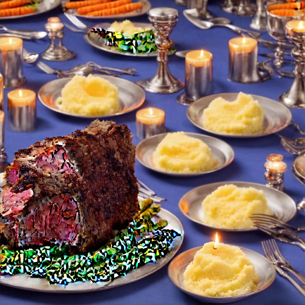 Image similar to product shot of a dinner with prime rib, asparagus, mashed potatoes and gravy, and steamed carrots with blue table cloth and lit candles in ornate silver candlesticks, ultra - realistic, photo realism, professional photograph, extreme detail, deep focus, laser sharp, volumetric lighting, atmospheric, luxury, elite