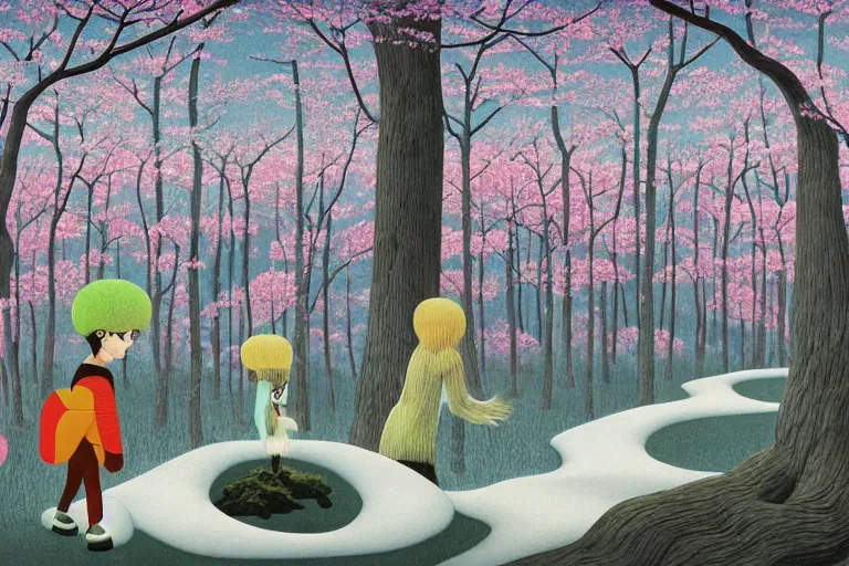 Image similar to A surreal winter forest landscape with barren sakura trees by Chiho Aoshima and Salvador Dali