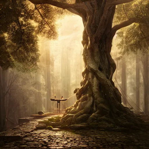 Image similar to ancient monk worshipping under the tree of wisdom, magical world, by greg rutkowski, sung choi, photo realistic, 8 k, cinematic lighting, hd, atmospheric, hyperdetailed, trending on artstation, devainart, digital painting, glow effect