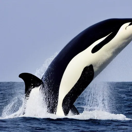 Prompt: killer whale orca jumps over stormy ocean waves. realistic photo.