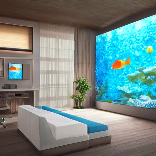 Image similar to realistic 3 d designed big modern room as aquarium with a beautiful fishes and corals, realistic colors, realistic shadows, daylight made by blender and cinema 4 d, hd, 3 d