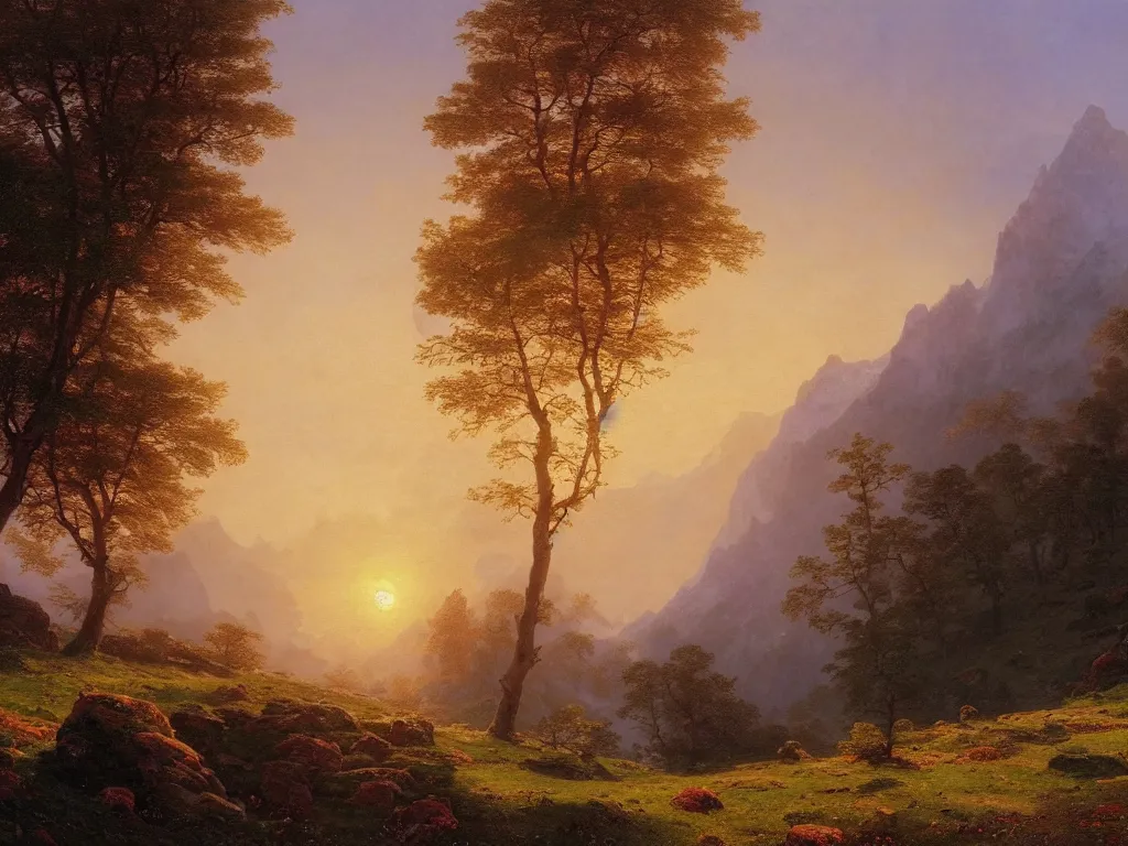 Prompt: epic landscape with rolling hills, groups of old trees with flower meadows and misty mountains with snowy tops in the far background in the light of a beautifyl sunrise by alexandre calame and bob ross, godrays, golden ratio, velvia 5 0, large format camera, artstation, vray render