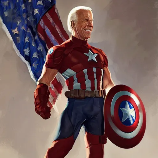 Image similar to full body concept art of Joe Biden as Captain America, oil on canvas, in the style of J.C. Leyendecker, Ross Tran and WLOP, 4k