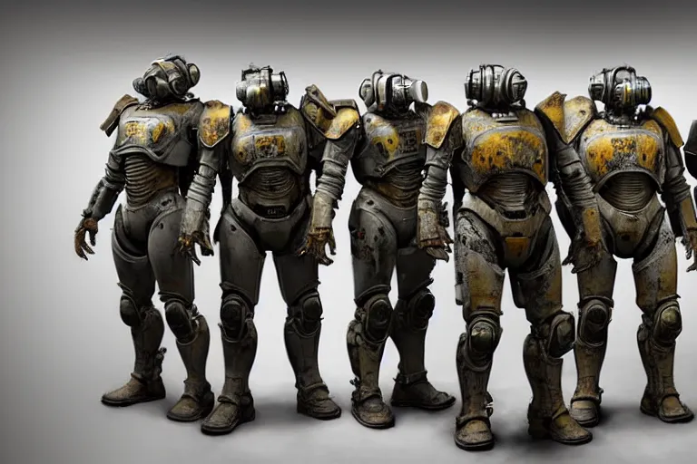 Image similar to photo taken of an epic intricate, ultra detailed, super realistic gritty, hero prop, exquisitely weathered very bulky fallout 4 power armour suits movie prop replica's in a row in the workshop, created by weta workshop, full body shot, photorealistic, sharp focus, white wall, cold colour temperture, golden ratio